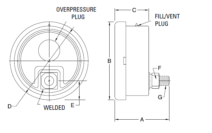 Glycerin Filled Industrial Pressure Gauge Mdels 401 and 601 LFSSW Diagram