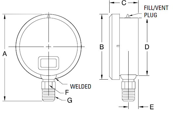 Glycerin Filled Industrial Pressure Gauges - Stainlesss Steel Wetted -250LFSS21W Diagram